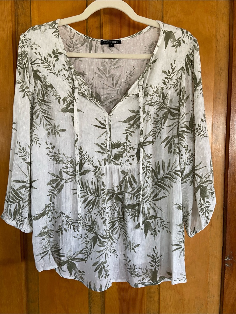 Papermoon White Blouse with Olive Leaf Print and V-Neck